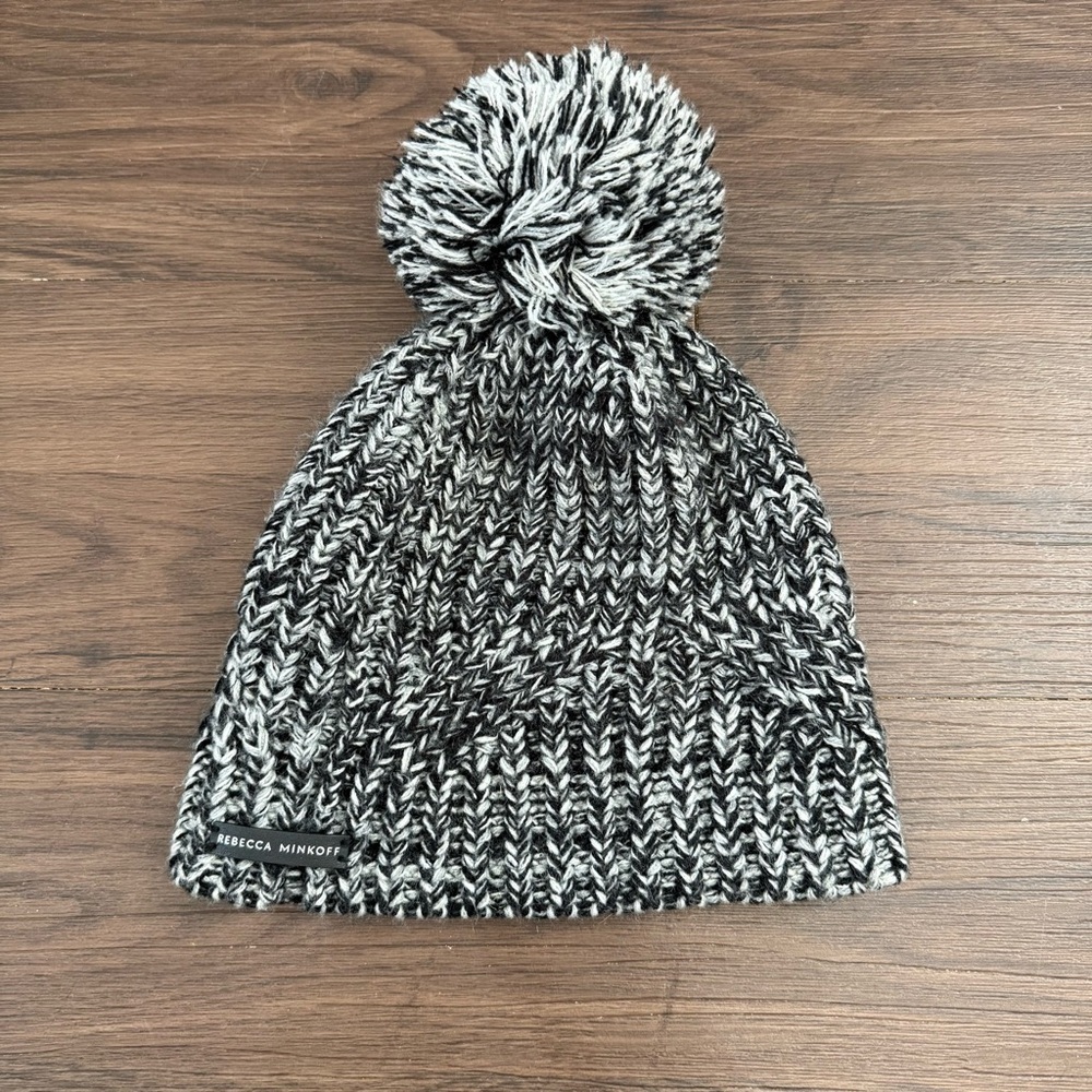 Rebecca Minkoff Black White Marled Knit Toboggan Pom Pom Hat Winter Cap Beanie